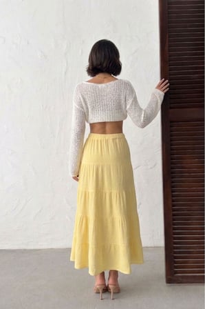 Kadın Beyaz Beli Lastikli Müslin Midi Etek NJ132