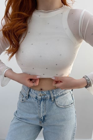 Kadın Beyaz Bisiklet Yaka Taşlı Tül Crop Bluz JF26