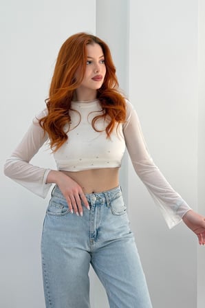 Kadın Siyah Bisiklet Yaka Taşlı Tül Crop Bluz JF26