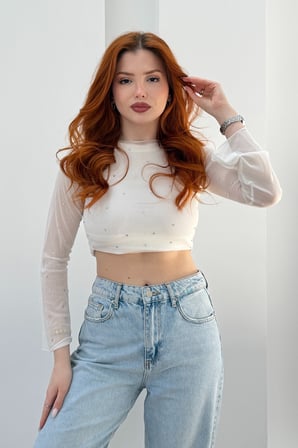 Kadın Siyah Bisiklet Yaka Taşlı Tül Crop Bluz JF26