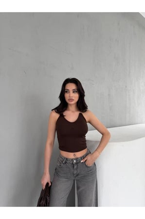 Kadın Ekru Şeffaf Askı Gloplu Crop Bluz ELT3004