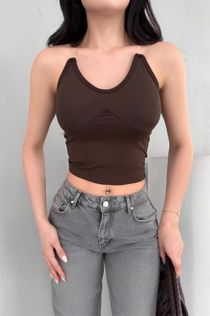 Kadın Ekru Şeffaf Askı Gloplu Crop Bluz ELT3004