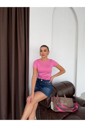 Kadın Pembe Bisiklet Yaka Modal Basic T-Shirt ELT7245