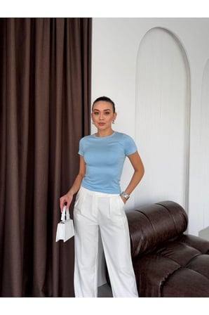 Kadın Bej Bisiklet Yaka Modal Basic T-Shirt ELT7245