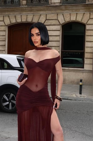 Kadın Acı Kahve Şal Detaylı Yırtmaçlı Maxi Tül Elbise YEL221831