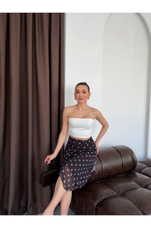 Kadın Siyah Puantiyeli Asimetrik Midi Tül Etek ELT3037