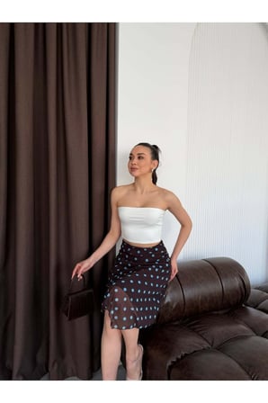 Kadın Siyah Puantiyeli Asimetrik Midi Tül Etek ELT3037