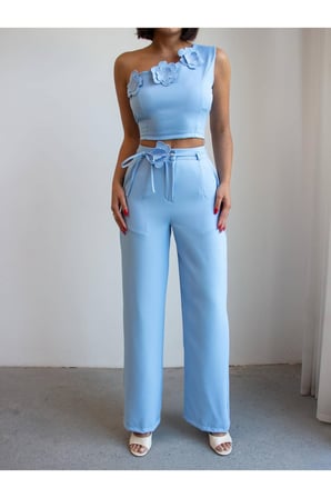 Kadın Pembe Tek Omuz Çiçek Detaylı Crop-Pantolon Takım NH26127