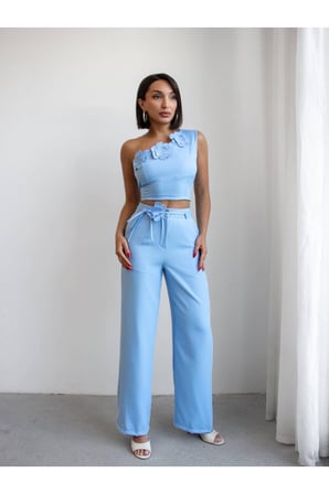 Kadın Pembe Tek Omuz Çiçek Detaylı Crop-Pantolon Takım NH26127