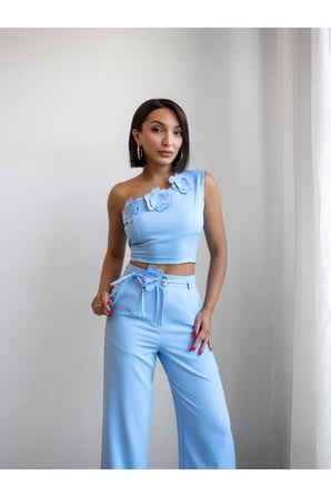 Kadın Pembe Tek Omuz Çiçek Detaylı Crop-Pantolon Takım NH26127