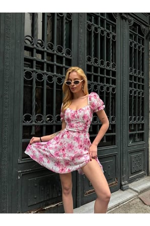 Kadın Yeşil Balon Kol Sırt Detaylı Mini Şifon Elbise YEL0329