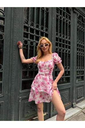 Kadın Yeşil Balon Kol Sırt Detaylı Mini Şifon Elbise YEL0329