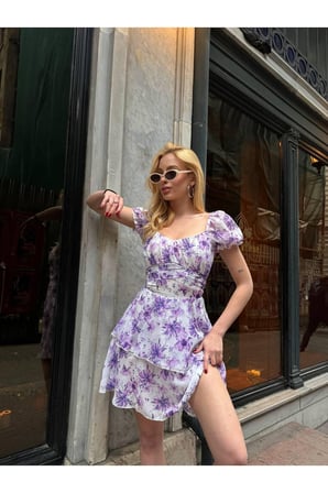 Kadın Yeşil Balon Kol Sırt Detaylı Mini Şifon Elbise YEL0329