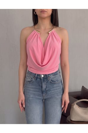 Kadın Pembe Aksesuarlı Degaje Yaka Bodysuit ELT302