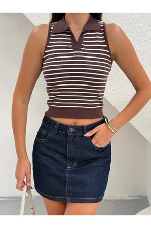 Kadın Siyah Polo Yaka Çizgili Elit Premium Triko Bluz FRV0165