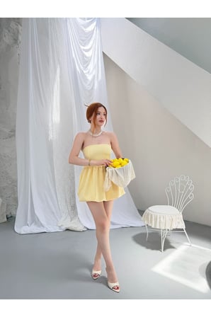 Kadın Sarı Straplez Mini Balon Elbise NH26421