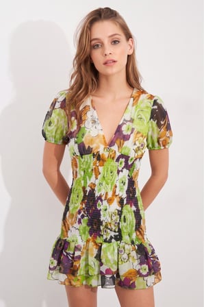Kadın Fıstık Yeşili Derin V Yaka Gipeli Sırt Detaylı Mini Elbise NJ177