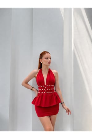 Kadın Kırmızı Halter Yaka Zımba Detaylı Peplum Mini Elbise DCF265