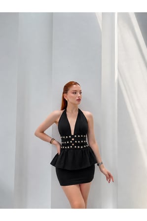 Kadın Kırmızı Halter Yaka Zımba Detaylı Peplum Mini Elbise DCF265