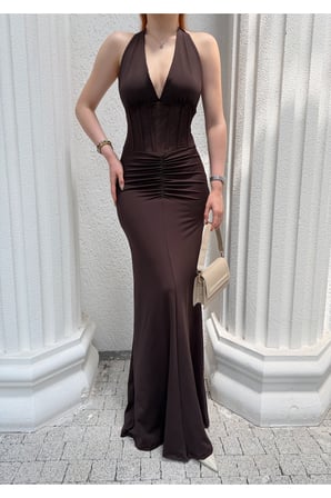 Kadın Beyaz Halter Yaka Korse Detaylı Drapeli Maxi Elbise DCF260