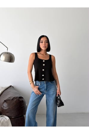 Kadın Siyah Kare Yaka Düğme Detaylı Korse Dikişli Bluz GET26369