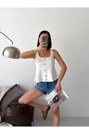 Kadın Siyah Kare Yaka Düğme Detaylı Korse Dikişli Bluz GET26369