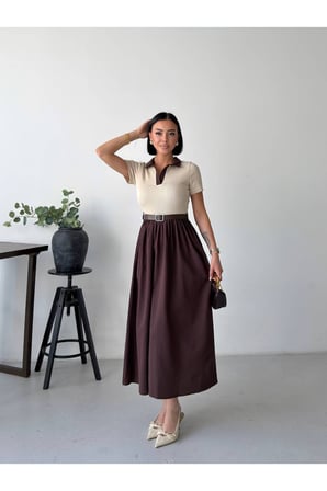 Kadın Siyah Polo Yaka Kemerli Poplin Etekli Maxi Elbise GET26380