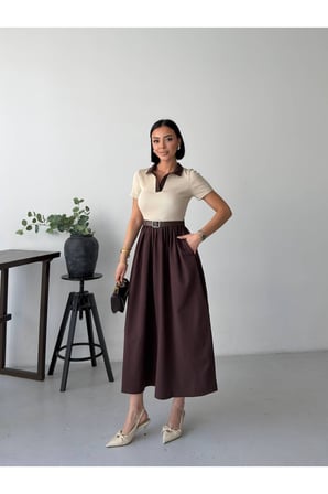 Kadın Siyah Polo Yaka Kemerli Poplin Etekli Maxi Elbise GET26380