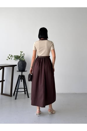 Kadın Siyah Polo Yaka Kemerli Poplin Etekli Maxi Elbise GET26380