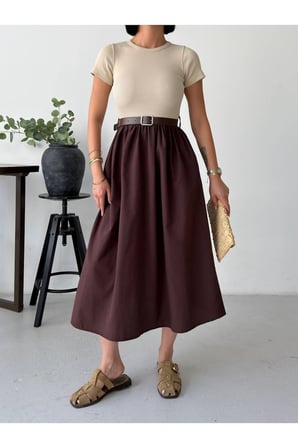 Kadın Çağla Bisiklet Yaka Kemerli Poplin Etekli Maxi Elbise GET26379