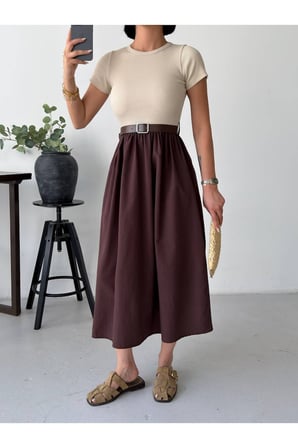 Kadın Çağla Bisiklet Yaka Kemerli Poplin Etekli Maxi Elbise GET26379