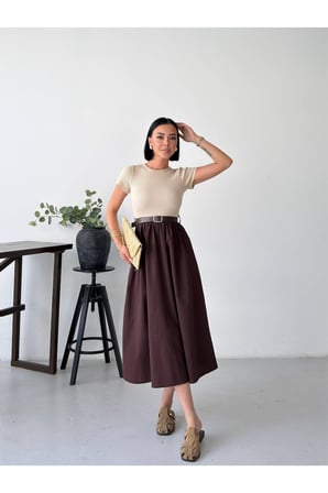 Kadın Çağla Bisiklet Yaka Kemerli Poplin Etekli Maxi Elbise GET26379