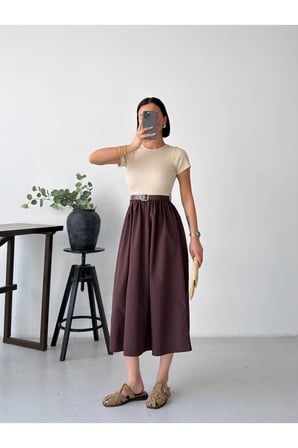 Kadın Çağla Bisiklet Yaka Kemerli Poplin Etekli Maxi Elbise GET26379