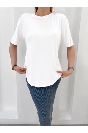 Kadın Pudra Bisiklet Yaka Oval Etek Basic T-Shirt NJ180