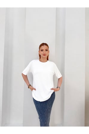 Kadın Pudra Bisiklet Yaka Oval Etek Basic T-Shirt NJ180