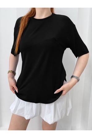 Kadın Siyah Bisiklet Yaka Oval Etek Basic T-Shirt NJ180