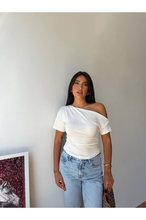Kadın Gül Kurusu Tek Omuz Kayık Yaka Yanı Büzgülü Oysho Bluz FRV0215