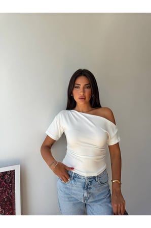 Kadın Gül Kurusu Tek Omuz Kayık Yaka Yanı Büzgülü Oysho Bluz FRV0215