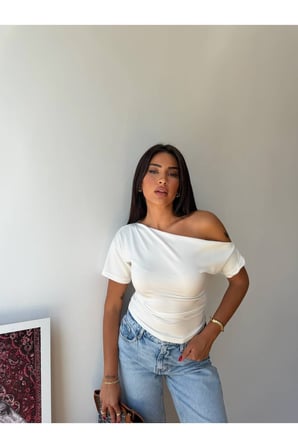 Kadın Gül Kurusu Tek Omuz Kayık Yaka Yanı Büzgülü Oysho Bluz FRV0215