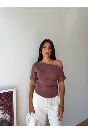 Kadın Gül Kurusu Tek Omuz Kayık Yaka Yanı Büzgülü Oysho Bluz FRV0215