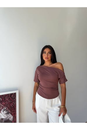 Kadın Gül Kurusu Tek Omuz Kayık Yaka Yanı Büzgülü Oysho Bluz FRV0215