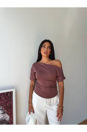 Kadın Gül Kurusu Tek Omuz Kayık Yaka Yanı Büzgülü Oysho Bluz FRV0215