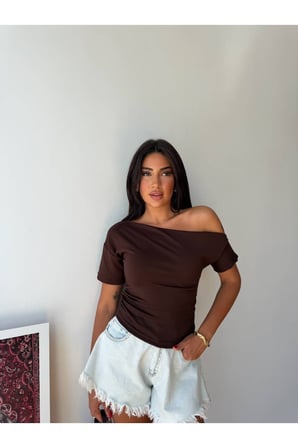 Kadın Gül Kurusu Tek Omuz Kayık Yaka Yanı Büzgülü Oysho Bluz FRV0215