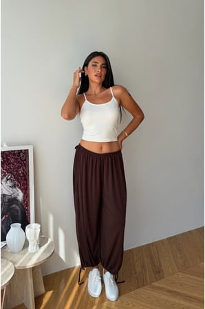Kadın Acı Kahve Bağlama Detaylı Buzy Oversize Şalvar Pantolon FRV0214