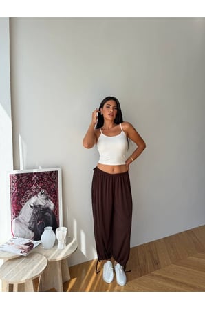 Kadın Acı Kahve Bağlama Detaylı Buzy Oversize Şalvar Pantolon FRV0214