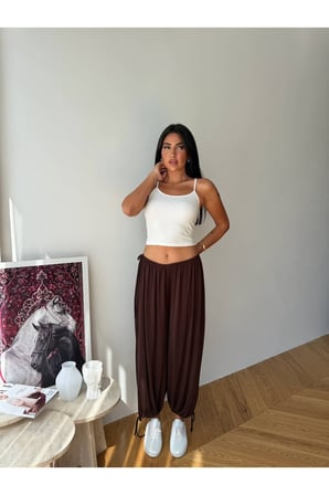 Kadın Acı Kahve Bağlama Detaylı Buzy Oversize Şalvar Pantolon FRV0214