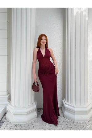 Kadın Bordo Halter Yaka Korse Detaylı Drapeli Maxi Elbise DCF260