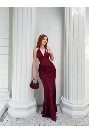 Kadın Bordo Halter Yaka Korse Detaylı Drapeli Maxi Elbise DCF260