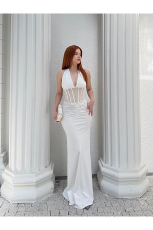 Kadın Beyaz Halter Yaka Korse Detaylı Drapeli Maxi Elbise DCF260