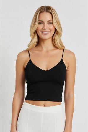 Kadın Siyah V Yaka İp Askılı Crop Bluz NJ58